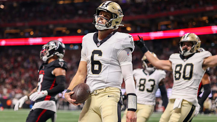 Jan 4, 2026; Atlanta, Georgia, USA; New Orleans Saints quarterback Tyler Shough (6) celebrates after a touchdown against the Atlanta Falcons in the second quarter at Mercedes-Benz Stadium. Mandatory Credit: Brett Davis-Imagn Images Jan 4, 2026; Atlanta, Georgia, USA; New Orleans Saints quarterback Tyler Shough (6) celebrates after a touchdown against the Atlanta Falcons in the second quarter at Mercedes-Benz Stadium. Mandatory Credit: Brett Davis-Imagn Images