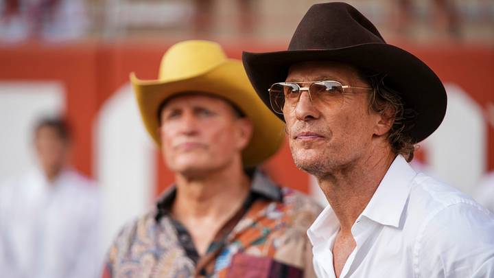 Matthew McConaughey and Woody Harrelson watch during the NCAA football game between the Texas Longhorns and the Ohio State Buckeyes at Darrell K Royal–Texas Memorial Stadium in Austin, Texas on Sept. 12, 2026.