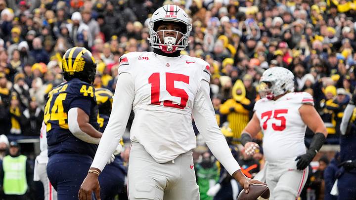 Ohio State Buckeyes tight end Jelani Thurman (15) reacts during the NCAA football game against the Michigan Wolverines at Michigan Stadium in Ann Arbor, Mich. on Nov. 29, 2025. Ohio State won 27-9. Ohio State Buckeyes tight end Jelani Thurman (15) reacts during the NCAA football game against the Michigan Wolverines at Michigan Stadium in Ann Arbor, Mich. on Nov. 29, 2025. Ohio State won 27-9.