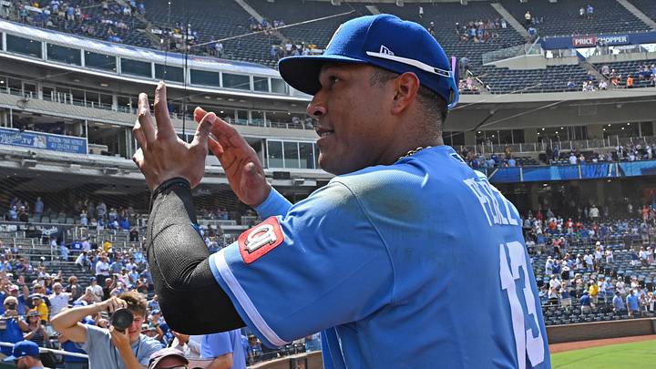Jul 22, 2026; Kansas City, Missouri, USA;  Kansas City Royals designated hitter Salvador Perez (13) acknowledges the crowd after tying the all-time team record for home runs with former infielder George Brett (not pictured) after a game against the San Francisco Giants at Kauffman Stadium. Mandatory Credit: Peter Aiken-Imagn Images