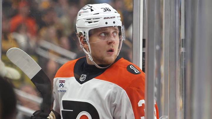 Apr 27, 2026; Pittsburgh, Pennsylvania, USA; Philadelphia Flyers defenseman Emil Andrae (36) watches a scoreboard replay as he enters the penalty box on a tripping infraction against the Pittsburgh Penguins during the third period in game five of the first round of the 2026 Stanley Cup Playoffs at PPG Paints Arena. Mandatory Credit: Charles LeClaire-Imagn Images Apr 27, 2026; Pittsburgh, Pennsylvania, USA; Philadelphia Flyers defenseman Emil Andrae (36) watches a scoreboard replay as he enters the penalty box on a tripping infraction against the Pittsburgh Penguins during the third period in game five of the first round of the 2026 Stanley Cup Playoffs at PPG Paints Arena. Mandatory Credit: Charles LeClaire-Imagn Images