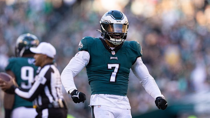 Jan 1, 2023; Philadelphia, Pennsylvania, USA; Philadelphia Eagles linebacker Haason Reddick (7) reacts after a defensive stop against the New Orleans Saints during the fourth quarter at Lincoln Financial Field. Mandatory Credit: Bill Streicher-Imagn Images