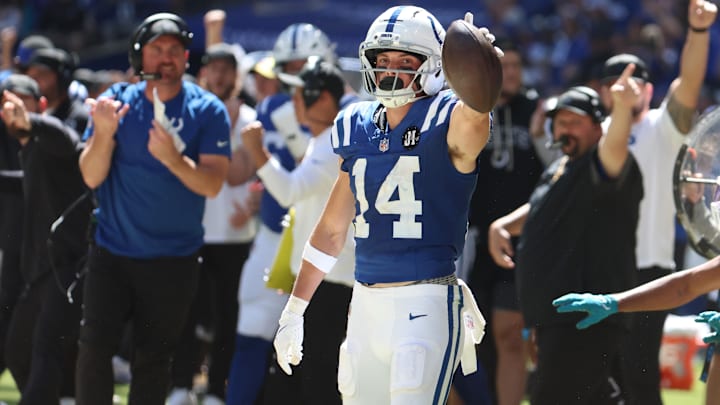 Sep 7, 2025; Indianapolis, Indiana, USA; Indianapolis Colts wide receiver Alec Pierce (14) celebrates after making a catch during the second half against the Miami Dolphins at Lucas Oil Stadium. Mandatory Credit: Trevor Ruszkowski-Imagn Images