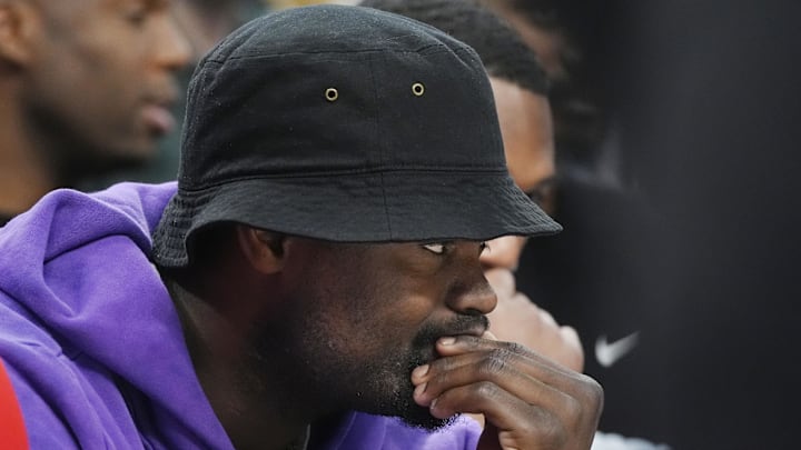 Mar 21, 2025; Minneapolis, Minnesota, USA; New Orleans Pelicans forward Zion Williamson (1) watches his team from the bench as they play the Minnesota Timberwolves in the fourth quarter at Target Center. Mandatory Credit: Bruce Kluckhohn-Imagn Images