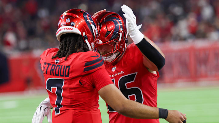 Dec 21, 2025; Houston, Texas, USA; Houston Texans quarterback C.J. Stroud (7) celebrates his touchdown pass and tight end Dalton Schultz (86) touchdown reception against the Las Vegas Raiders in the second half at NRG Stadium. Mandatory Credit: Thomas Shea-Imagn Images Dec 21, 2025; Houston, Texas, USA; Houston Texans quarterback C.J. Stroud (7) celebrates his touchdown pass and tight end Dalton Schultz (86) touchdown reception against the Las Vegas Raiders in the second half at NRG Stadium. Mandatory Credit: Thomas Shea-Imagn Images