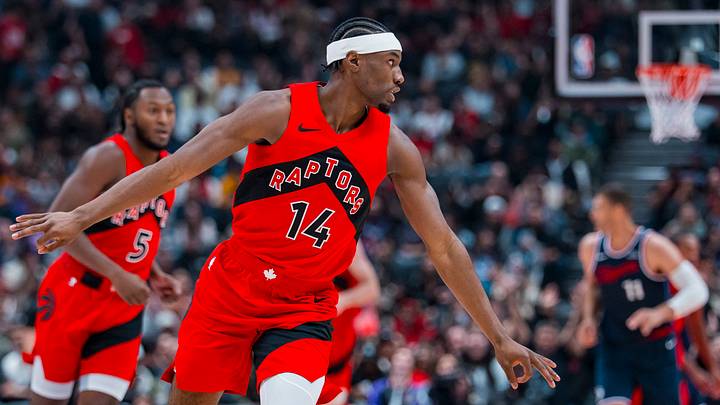 Oct 10, 2026; Vancouver, British Columbia, CAN; Toronto Raptors guard Ja'Kobe Walter (14) celebrates his three pointer against the Los Angeles Clippers in the first half at Rogers Arena. Mandatory Credit: Bob Frid-Imagn Images