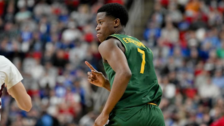 Mar 21, 2025; Raleigh, NC, USA; Baylor Bears guard VJ Edgecombe (7) celebrates during the second half against the Mississippi State Bulldogs in the first round of the NCAA Tournament at Lenovo Center. Mandatory Credit: Zachary Taft-Imagn Images