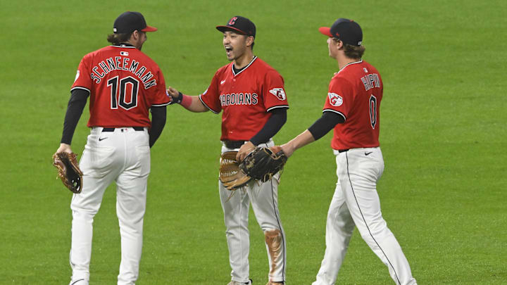Sep 24, 2025; Cleveland, Ohio, USA; The Cleveland Guardians celebrate a win over the Detroit Tigers at Progressive Field. Mandatory Credit: David Richard-Imagn Images