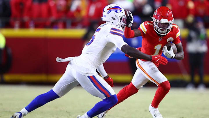 Kansas City Chiefs wide receiver Xavier Worthy makes a catch against Buffalo Bills cornerback Kaiir Elam during the first half in the AFC Championship game at GEHA Field at Arrowhead Stadium.