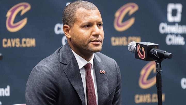 Oct 2, 2023; Cleveland, OH, USA;  Cleveland Cavaliers general manager Koby Altman talks to the media during media day at Rocket Mortgage FieldHouse. Mandatory Credit: Ken Blaze-Imagn Images