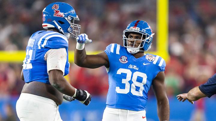 Ole Miss Rebels linebacker Tyler Banks (38) against the Miami Hurricanes during the 2026 Fiesta Bowl and semifinal game of the College Football Playoff at State Farm Stadium. 