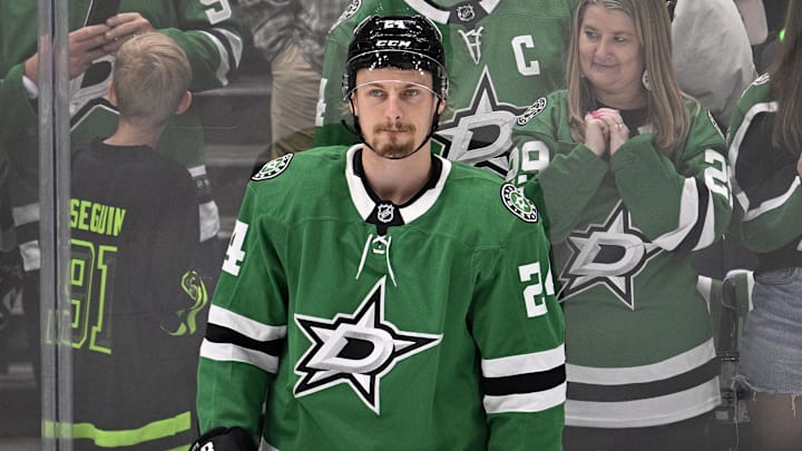 May 23, 2025; Dallas, Texas, USA; Dallas Stars center Roope Hintz (24) practices before game two of the Western Conference Final of the 2025 Stanley Cup Playoffs at American Airlines Center. Mandatory Credit: Jerome Miron-Imagn Images