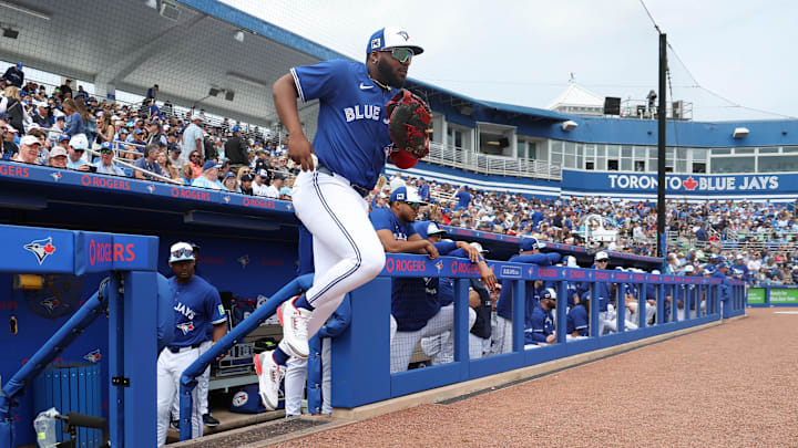 Feb 22, 2025; Dunedin, Florida, USA; Toronto Blue Jays first base Vladimir Guerrero Jr. (27) runs out onto the field for the first inning at TD Ballpark. Feb 22, 2025; Dunedin, Florida, USA; Toronto Blue Jays first base Vladimir Guerrero Jr. (27) runs out onto the field for the first inning at TD Ballpark.