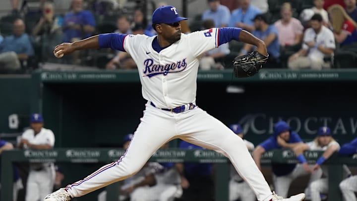 Sep 19, 2024; Arlington, Texas, USA; Texas Rangers pitcher Kumar Rocker (80) throws to the plate during the first inning against the Toronto Blue Jays at Globe Life Field. 