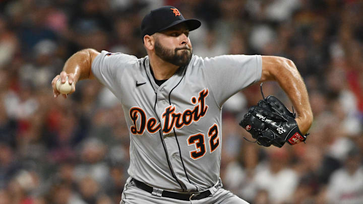 Jul 15, 2022; Cleveland, Ohio, USA; Detroit Tigers relief pitcher Michael Fulmer (32) throws a pitch during the seventh inning against the Cleveland Guardians at Progressive Field. Mandatory Credit: Ken Blaze-Imagn Images