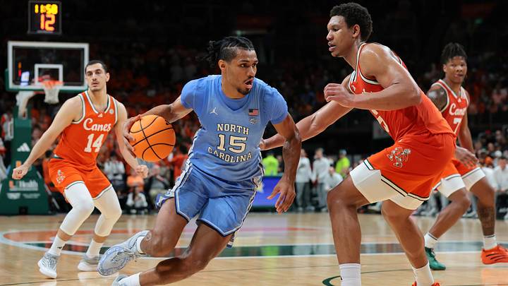 Feb 10, 2026; Coral Gables, Florida, USA; North Carolina Tar Heels forward Jarin Stevenson (15) drives to the basket against Miami Hurricanes forward Malik Reneau (5) during the second half at Watsco Center. Mandatory Credit: Sam Navarro-Imagn Images Feb 10, 2026; Coral Gables, Florida, USA; North Carolina Tar Heels forward Jarin Stevenson (15) drives to the basket against Miami Hurricanes forward Malik Reneau (5) during the second half at Watsco Center. Mandatory Credit: Sam Navarro-Imagn Images
