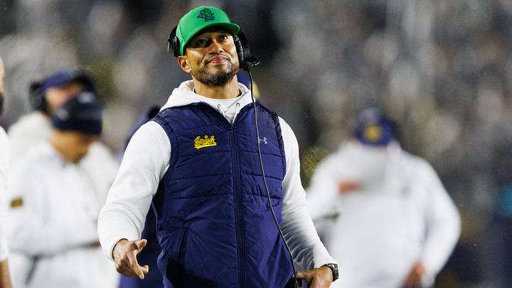 Notre Dame head coach Marcus Freeman looks on during the first half of a NCAA football game against Navy at Notre Dame Stadium on Saturday, Nov. 8, 2025, in South Bend. Notre Dame head coach Marcus Freeman looks on during the first half of a NCAA football game against Navy at Notre Dame Stadium on Saturday, Nov. 8, 2025, in South Bend.