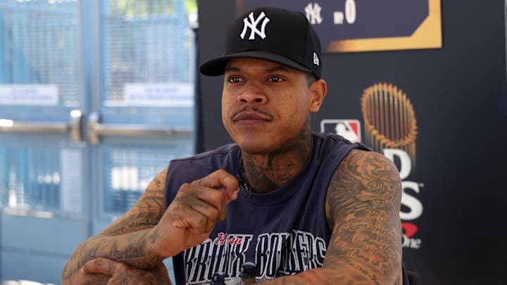 Oct 24, 2024; Los Angeles, CA, USA; New York Yankees pitcher Marcus Stroman (0) speaks to media during workout day at Dodgers Stadium. Oct 24, 2024; Los Angeles, CA, USA; New York Yankees pitcher Marcus Stroman (0) speaks to media during workout day at Dodgers Stadium.