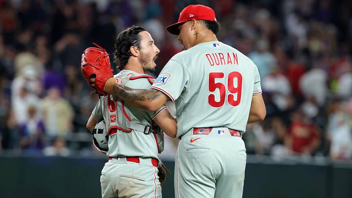 Aug 31, 2026; Phoenix, Arizona, USA; Philadelphia Phillies pitcher Jhoan Duran celebrates with catcher Garrett Stubbs after defeating the Arizona Diamondbacks at Chase Field. Mandatory Credit: Mark J. Rebilas-Imagn Images Aug 31, 2026; Phoenix, Arizona, USA; Philadelphia Phillies pitcher Jhoan Duran celebrates with catcher Garrett Stubbs after defeating the Arizona Diamondbacks at Chase Field. Mandatory Credit: Mark J. Rebilas-Imagn Images