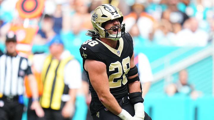 Nov 30, 2025; Miami Gardens, Florida, USA; New Orleans Saints linebacker Danny Stutsman (28) reacts after making a tackle against the Miami Dolphins during the first half at Hard Rock Stadium. Mandatory Credit: Rich Storry-Imagn Images Nov 30, 2025; Miami Gardens, Florida, USA; New Orleans Saints linebacker Danny Stutsman (28) reacts after making a tackle against the Miami Dolphins during the first half at Hard Rock Stadium. Mandatory Credit: Rich Storry-Imagn Images