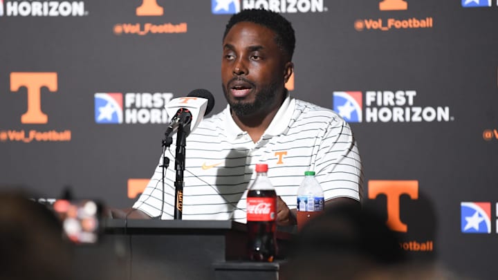 Tennessee defensive coordinator Tim Banks speaks at a press conference during Tennessee Football Media Day, Tuesday, Aug. 1, 2023.