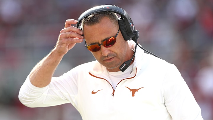 Nov 16, 2024; Fayetteville, Arkansas, USA; Texas Longhorns head coach Steve Sarkisian during the fourth quarter against the Arkansas Razorbacks at Donald W. Reynolds Razorback Stadium. Texas won 20-10. Mandatory Credit: Nelson Chenault-Imagn Images
