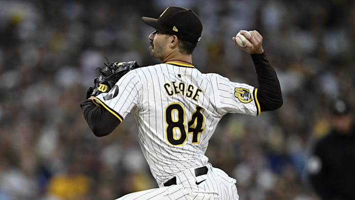 Oct 9, 2024; San Diego, California, USA; San Diego Padres pitcher Dylan Cease (84) throws in the first inning against the Los Angeles Dodgers during game four of the NLDS for the 2024 MLB Playoffs at Petco Park.  