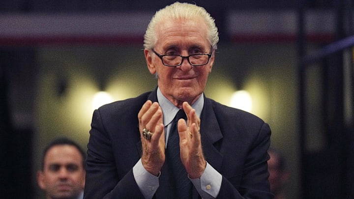 Mar 4, 2023; Miami, Florida, USA; Miami Heat president Pat Riley applauds Chris Bosh during a brief ceremony during the game between the Miami Heat and Atlanta Hawks at Miami-Dade Arena. Mandatory Credit: Jim Rassol-Imagn Images Mar 4, 2023; Miami, Florida, USA; Miami Heat president Pat Riley applauds Chris Bosh during a brief ceremony during the game between the Miami Heat and Atlanta Hawks at Miami-Dade Arena. Mandatory Credit: Jim Rassol-Imagn Images