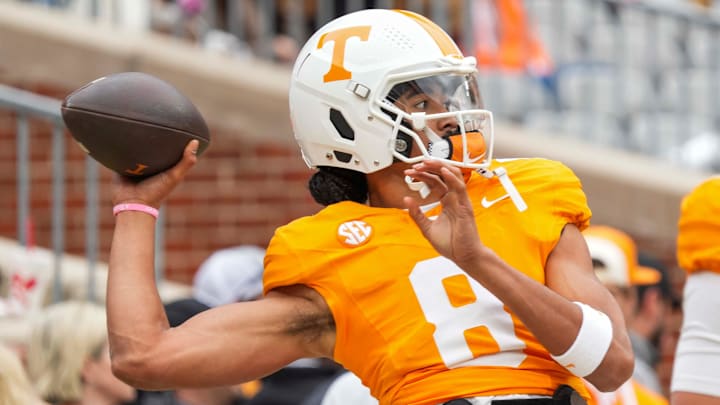 Nov 23, 2024; Knoxville, Tennessee, USA; Tennessee Volunteers quarterback Nico Iamaleava (8) throws a ball during warm-ups before a game against the UTEP Miners at Neyland Stadium. Mandatory Credit: Angelina Alcantar/USA TODAY Network via Imagn Images
