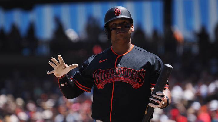 Jul 25, 2026; San Francisco, California, USA; San Francisco Giants first baseman Rafael Devers (16) between pitches against the Los Angeles Angels during the fourth inning at Oracle Park. Mandatory Credit: Kelley L Cox-Imagn Images