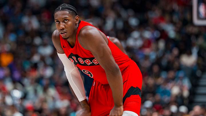Oct 10, 2026; Vancouver, British Columbia, CAN; Toronto Raptors forward RJ Barrett (9) during a stop in play against the Los Angeles Clippers in the first half at Rogers Arena. Mandatory Credit: Bob Frid-Imagn Images