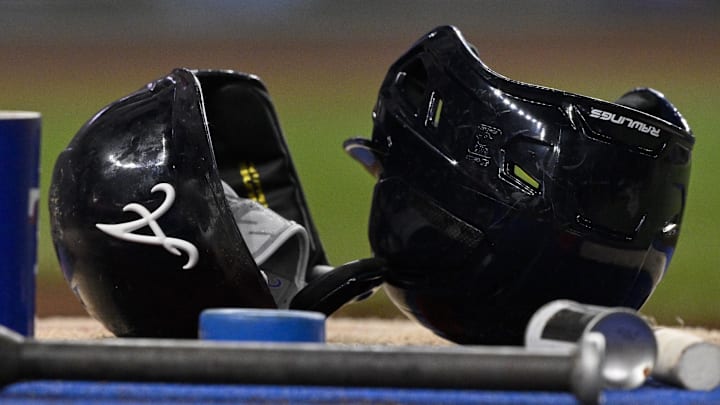 Jul 25, 2025; Arlington, Texas, USA; A view of a Atlanta Braves batting helmet during the game between the Texas Rangers and the Atlanta Braves at Globe Life Field. Mandatory Credit: Jerome Miron-Imagn Images Jul 25, 2025; Arlington, Texas, USA; A view of a Atlanta Braves batting helmet during the game between the Texas Rangers and the Atlanta Braves at Globe Life Field. Mandatory Credit: Jerome Miron-Imagn Images