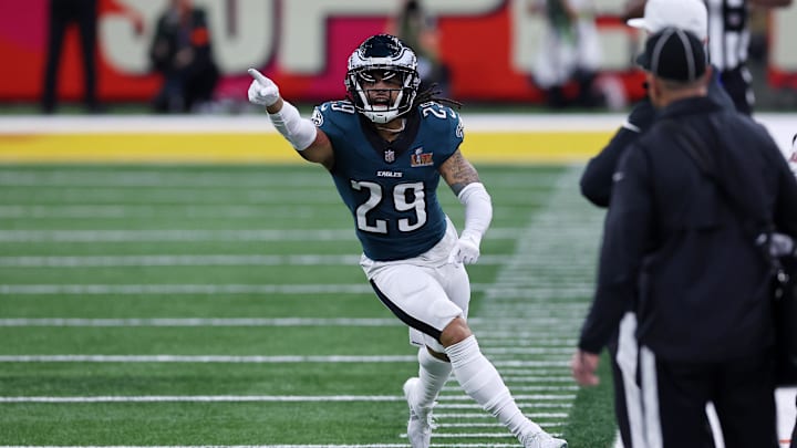 Feb 9, 2025; New Orleans, LA, USA; Philadelphia Eagles cornerback Avonte Maddox (29) reacts after a defensive stop against the Kansas City Chiefs during the second half of Super Bowl LIX at Caesars Superdome. Mandatory Credit: Bill Streicher-Imagn Images