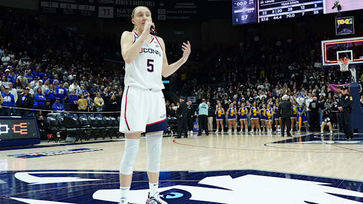 Mar 24, 2025; Storrs, Connecticut, USA; UConn Huskies guard Paige Bueckers (5) talks to the crowd after defeating the South Dakota State Jackrabbits at Harry A. Gampel Pavilion. Mandatory Credit: David Butler II-Imagn Images Mar 24, 2025; Storrs, Connecticut, USA; UConn Huskies guard Paige Bueckers (5) talks to the crowd after defeating the South Dakota State Jackrabbits at Harry A. Gampel Pavilion. Mandatory Credit: David Butler II-Imagn Images