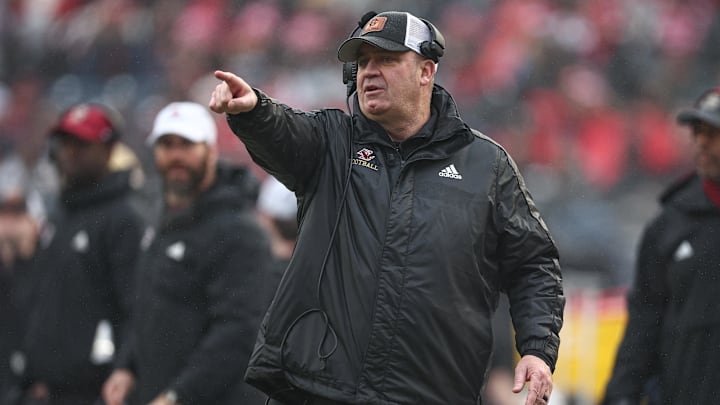 Dec 28, 2024; Bronx, NY, USA; Boston College Eagles head coach Bill O'Brien reacts during the first half against the Nebraska Cornhuskers at Yankee Stadium. Mandatory Credit: Vincent Carchietta-Imagn Images