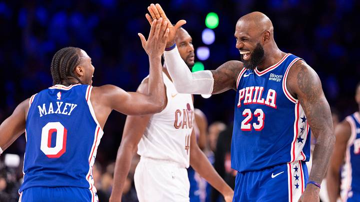 Oct 22, 2026; Philadelphia, Pennsylvania, USA; Philadelphia 76ers forward LeBron James (23) and Tyrese Maxey celebrate after a score against the Cleveland Cavaliers during the fourth quarter at Xfinity Mobile Arena. Mandatory Credit: Bill Streicher-Imagn Images Oct 22, 2026; Philadelphia, Pennsylvania, USA; Philadelphia 76ers forward LeBron James (23) and Tyrese Maxey celebrate after a score against the Cleveland Cavaliers during the fourth quarter at Xfinity Mobile Arena. Mandatory Credit: Bill Streicher-Imagn Images
