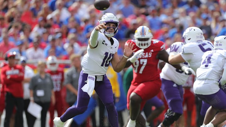 TCU Horned Frogs quarterback Josh Hoover (10) throws a pass during the first quarter of the game against Kansas Jayhawks Saturday, September 28, 2024, at GEHA Field at Arrowhead Stadium.