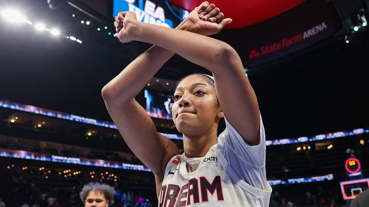 Oct 4, 2026; Atlanta, Georgia, USA; Atlanta Dream forward Angel Reese (5) celebrates after a victory over the New York Liberty in game one of the second round for the 2026 WNBA Playoffs at State Farm Arena. Mandatory Credit: Brett Davis-Imagn Images