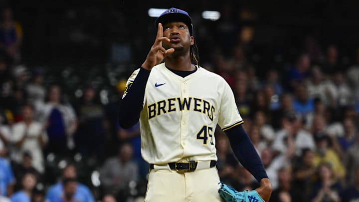 Sep 17, 2025; Milwaukee, Wisconsin, USA; Milwaukee Brewers pitcher Abner Uribe (45) reacts after beating the Los Angeles Angels at American Family Field. Mandatory Credit: Benny Sieu-Imagn Images Sep 17, 2025; Milwaukee, Wisconsin, USA; Milwaukee Brewers pitcher Abner Uribe (45) reacts after beating the Los Angeles Angels at American Family Field. Mandatory Credit: Benny Sieu-Imagn Images