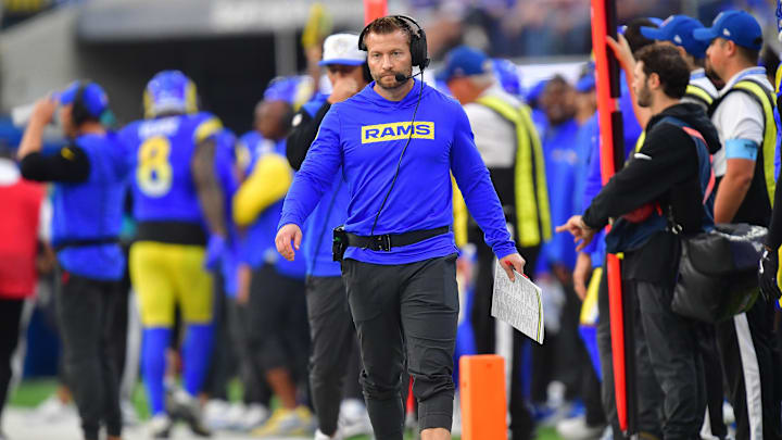 Dec 8, 2024; Inglewood, California, USA; Los Angeles Rams head coach Sean McVay watches game action against the Buffalo Bills during the second half at SoFi Stadium. Mandatory Credit: Gary A. Vasquez-Imagn Images