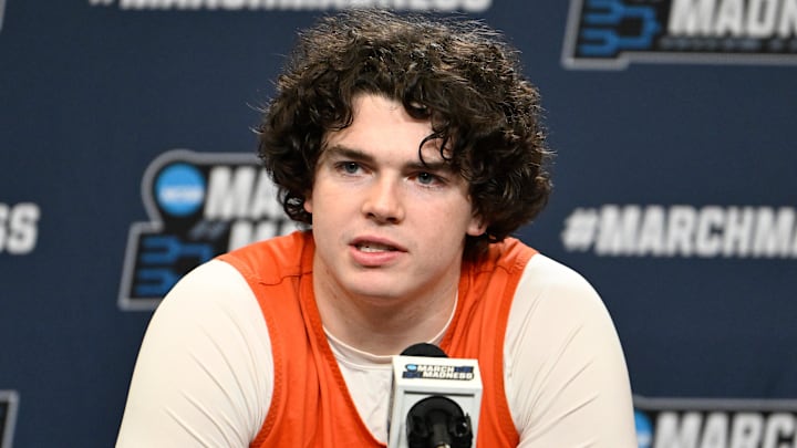 Clemson Tigers forward Ian Schieffelin (4) speaks to the media during a press conference.