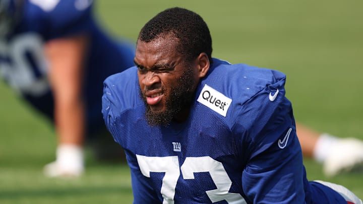 New York Giants offensive tackle Evan Neal (73) on the field during training camp at Quest Diagnostics Training Center.  