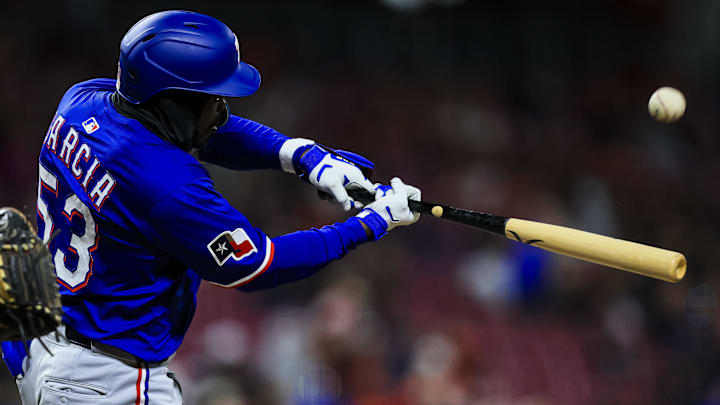 Apr 1, 2025; Cincinnati, Ohio, USA; Texas Rangers outfielder Adolis Garcia (53) bats against the Cincinnati Reds in the eighth inning at Great American Ball Park. 