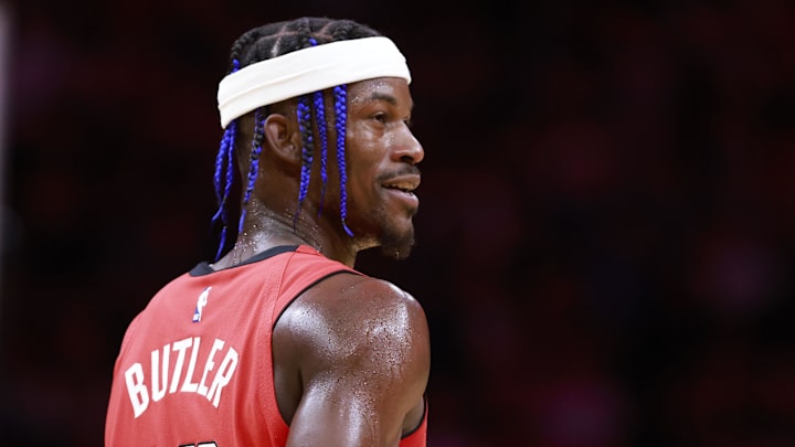 Dec 8, 2024; Miami, Florida, USA; Miami Heat forward Jimmy Butler (22) smiles at the bench against the Cleveland Cavaliers during the second half at Kaseya Center. Mandatory Credit: Rhona Wise-Imagn Images Dec 8, 2024; Miami, Florida, USA; Miami Heat forward Jimmy Butler (22) smiles at the bench against the Cleveland Cavaliers during the second half at Kaseya Center. Mandatory Credit: Rhona Wise-Imagn Images