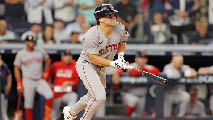 Sep 30, 2025; Bronx, New York, USA; Boston Red Sox third base Nate Eaton (40) hits a double during the fourth inning against the New York Yankees during game one of the Wildcard round for the 2025 MLB playoffs at Yankee Stadium. Mandatory Credit: Brad Penner-Imagn Images