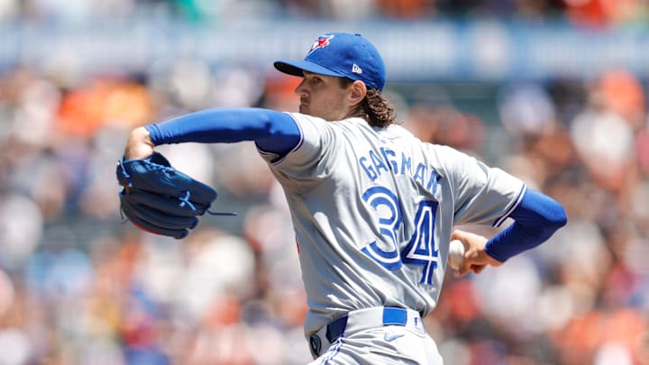 Jul 11, 2024; San Francisco, California, USA; Toronto Blue Jays pitcher Kevin Gausman (34) throws a pitch during the first inning against the San Francisco Giants at Oracle Park.