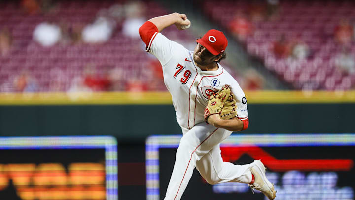 Jun 2, 2025; Cincinnati, Ohio, USA; Cincinnati Reds relief pitcher Ian Gibaut (79) pitches against the Milwaukee Brewers in the seventh inning at Great American Ball Park. Mandatory Credit: Katie Stratman-Imagn Images