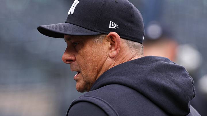 Apr 3, 2026; Bronx, New York, USA; New York Yankees manager Aaron Boone (17) looks on during batting practice before the game against the Miami Marlins at Yankee Stadium. Mandatory Credit: Vincent Carchietta-Imagn Images