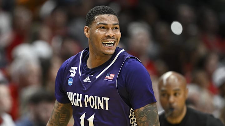 Mar 19, 2026; Portland, OR, USA; High Point Panthers forward Cam'ron Fletcher (11) reacts during the first half of a first round game of the men's 2026 NCAA Tournament against the Wisconsin Badgers at Moda Center. Mandatory Credit: Craig Strobeck-Imagn Images
