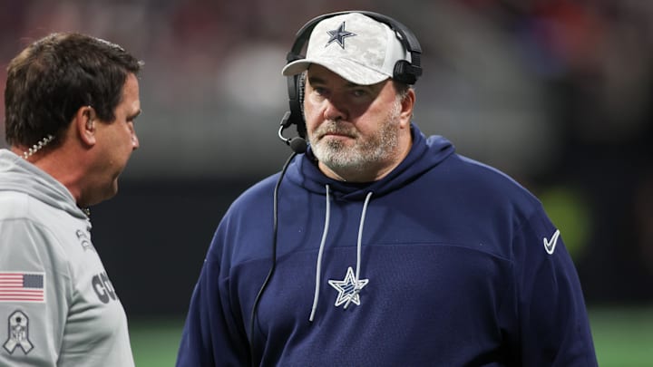 Nov 3, 2024; Atlanta, Georgia, USA; Dallas Cowboys head coach Mike McCarthy on the field against the Atlanta Falcons in the fourth quarter at Mercedes-Benz Stadium.